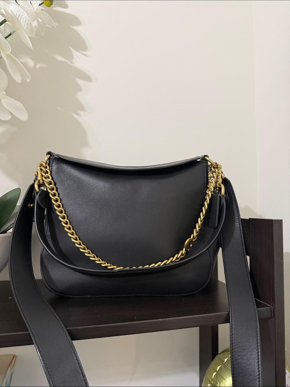 Coach Black Leather Shoulder Bag with Gold Chain